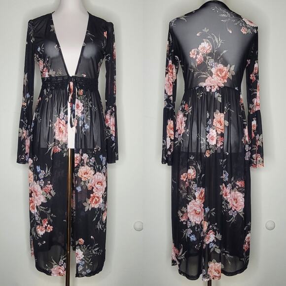 Unbranded Tops - Sz M Black Floral Sheer Duster Peignoir Coverup Stevie Nicks 70s Boho Hippie